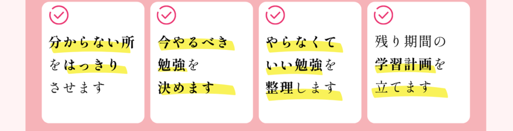 分からない所をはっきりさせます 今やるべき勉強を決めます やらなくていい勉強を整理します 残り期間の学習計画を立てます